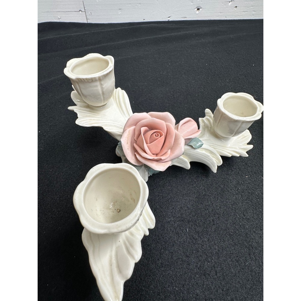 Vintage Sandizell Germany Porcelain Rose Candelabra Set of 2 Pink White Floral
